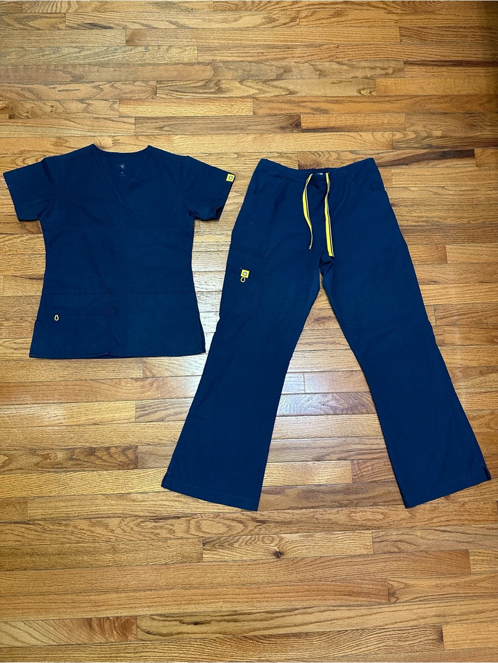 WonderWink Navy Scrub Top & Pant Set with Yellow Drawstring